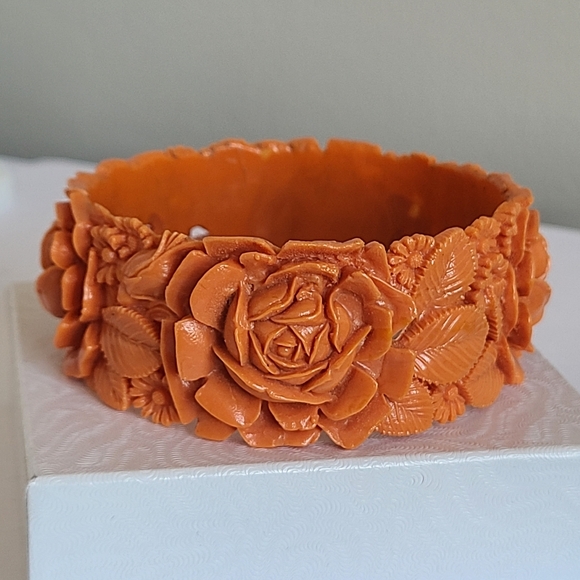 Vintage Jewelry - Vintage Boho Bakelite Celluloid Coral Orange Chunky Floral Wide Bangle Bracelet